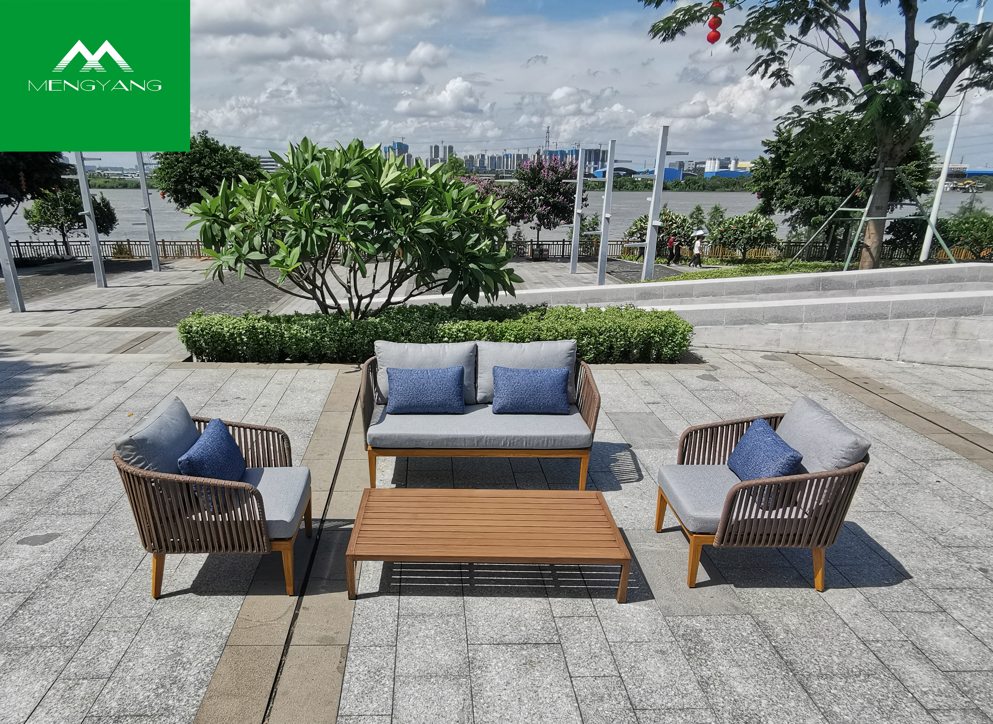 Muebles de jardín de madera de teca de buena calidad, sofá de cuerda para exteriores