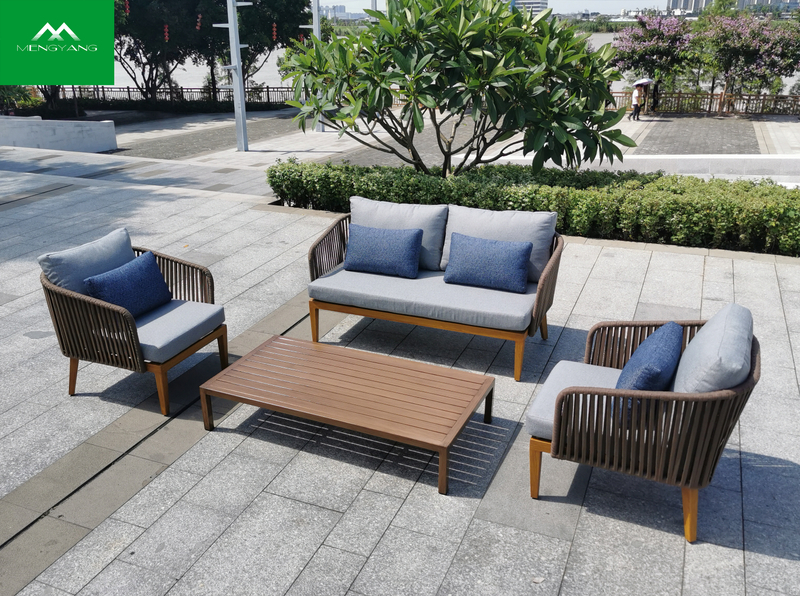 Muebles de jardín de madera de teca de buena calidad, sofá de cuerda para exteriores