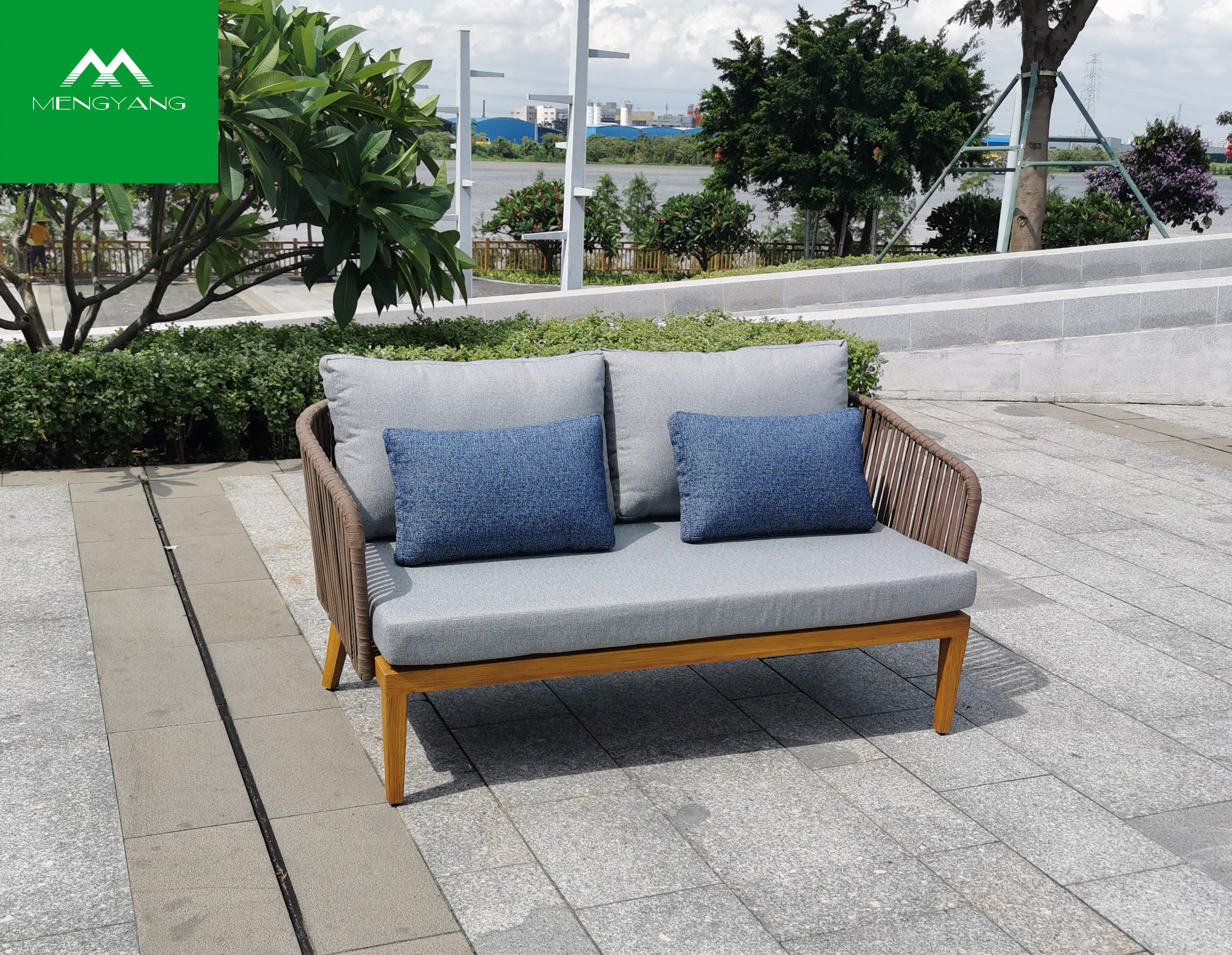 Muebles de jardín de madera de teca de buena calidad, sofá de cuerda para exteriores